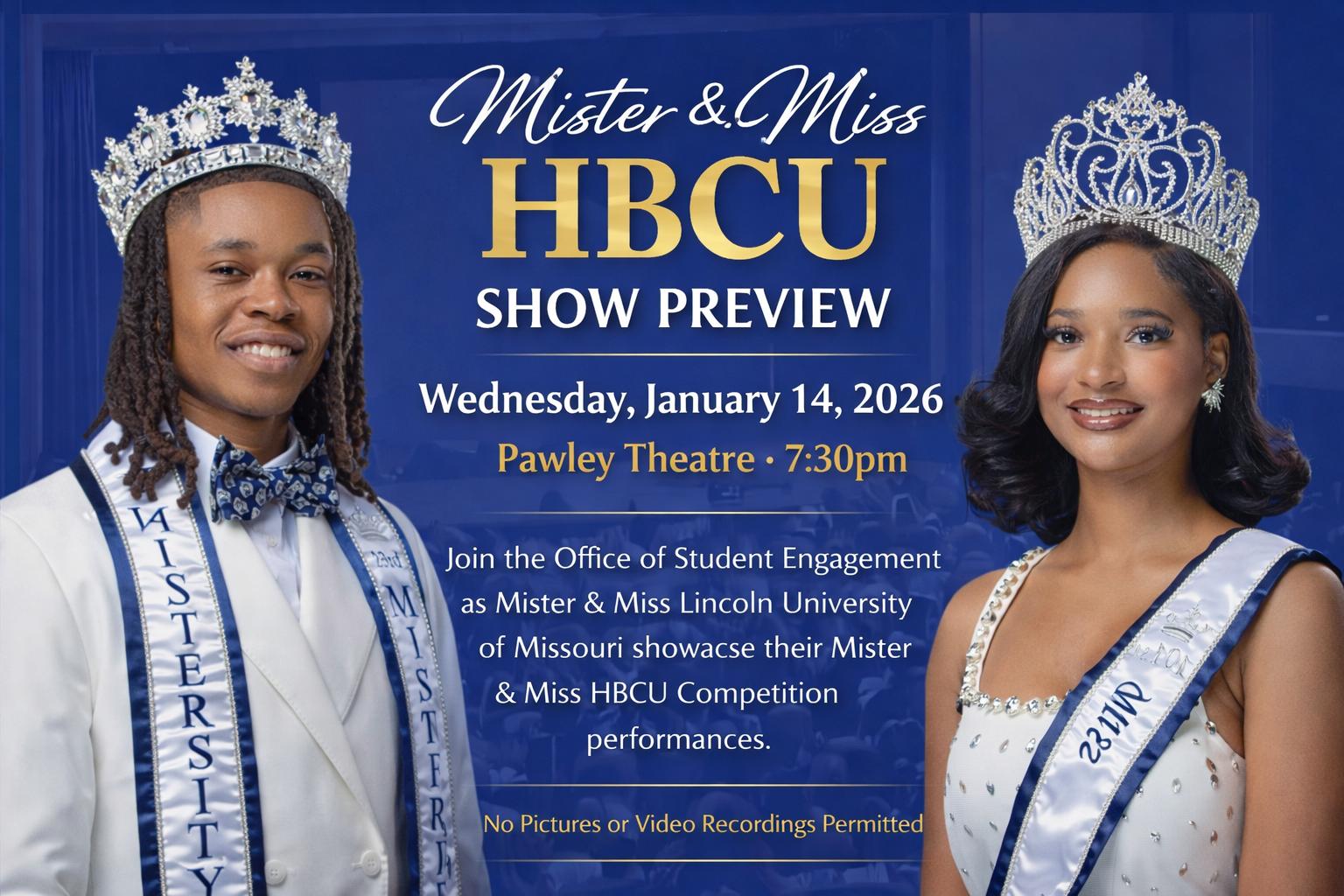 Flyer featuring Mister and Miss HBCU wearing crowns and sashes, promoting the Mister & Miss HBCU Show Preview on Jan. 14, 2026.
