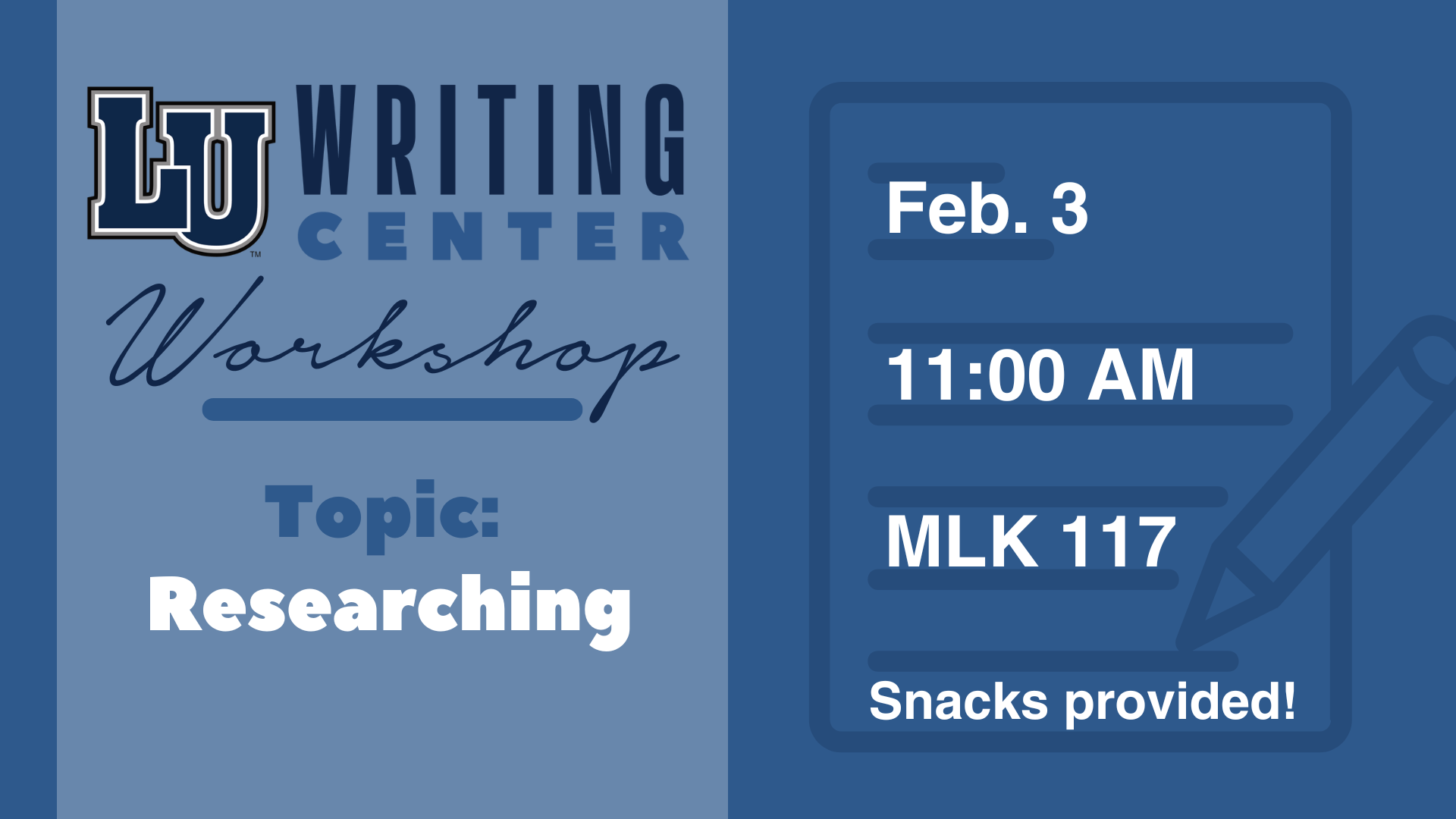 Writing Center Workshop graphic with details & topic in blue tones