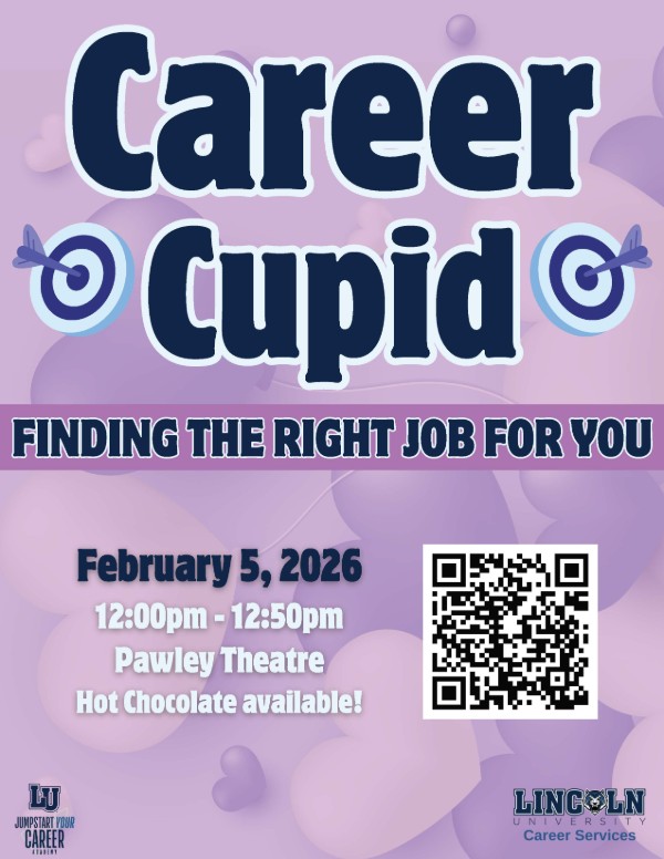 Pink-themed flyer for Career Cupid: Finding the Right Job for You event on Feb. 5, 2026, 12-12:50pm at Pawley Theatre with hot chocolate.