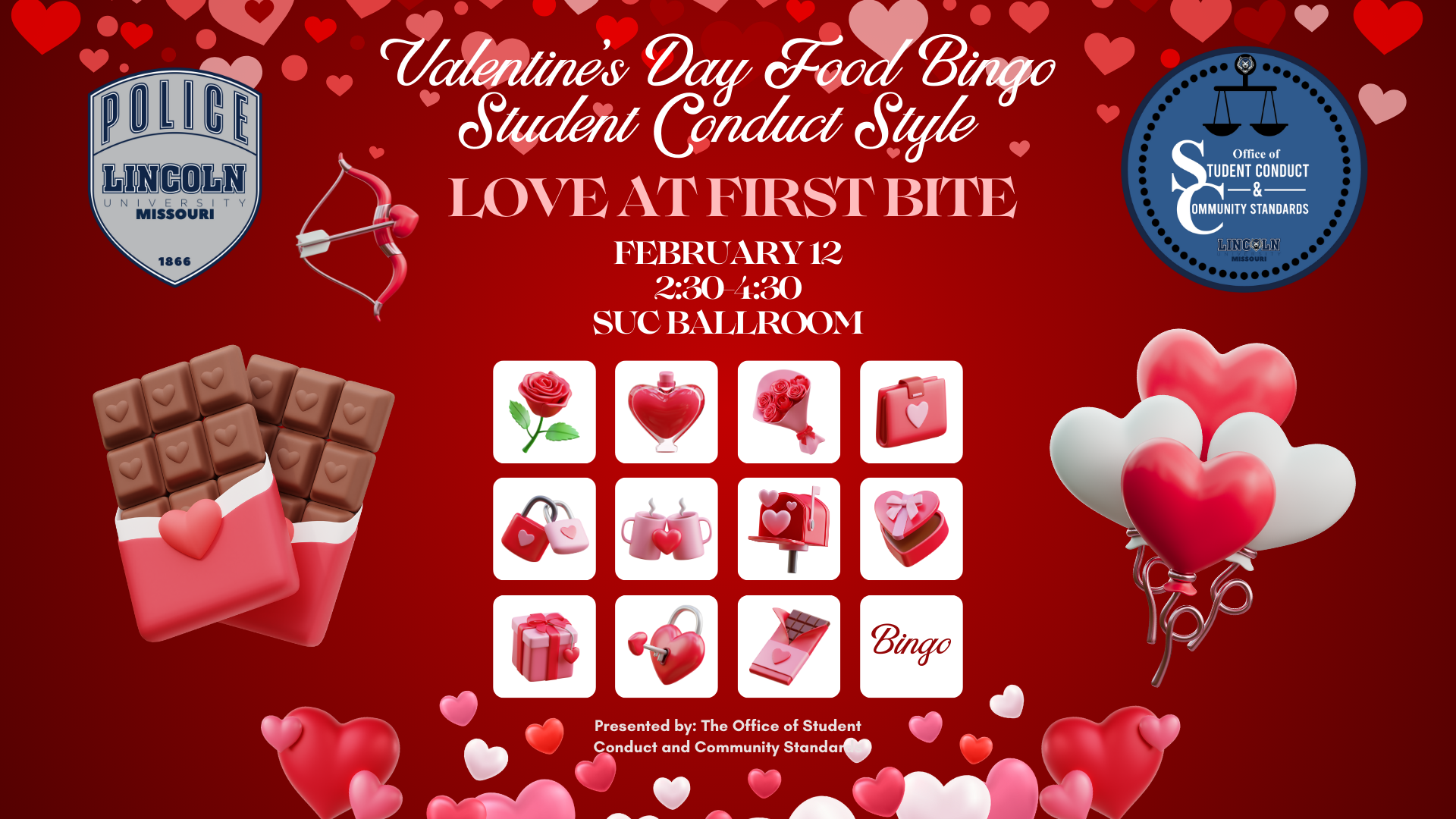 Red Valentine flyer for Love at First Bite Food Bingo, Feb 12, 2:30–4:30, SUC Ballroom, Lincoln University.