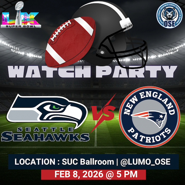 Super Bowl watch party graphic featuring Seahawks vs. Patriots, Feb. 8, 2026, 5 PM, SUC Ballroom at Lincoln University.