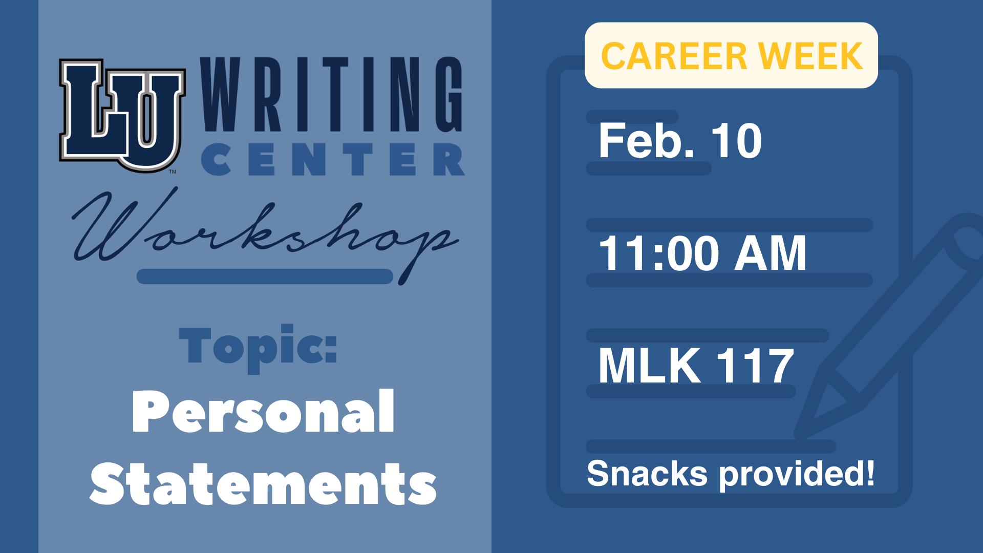Writing Center Workshop graphic with details & topic in blue tones