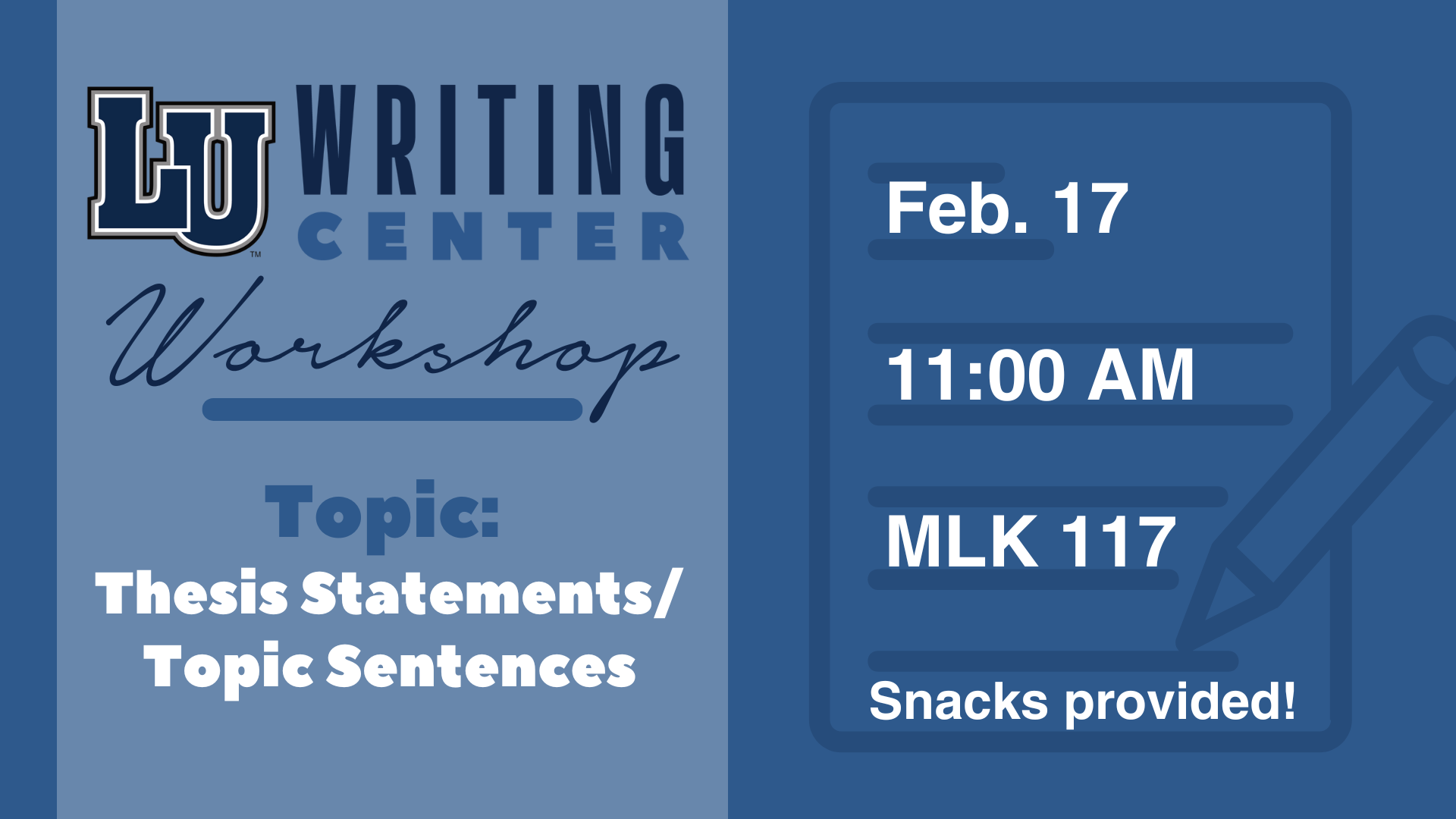 Writing Center Workshop graphic with details & topic in blue tones