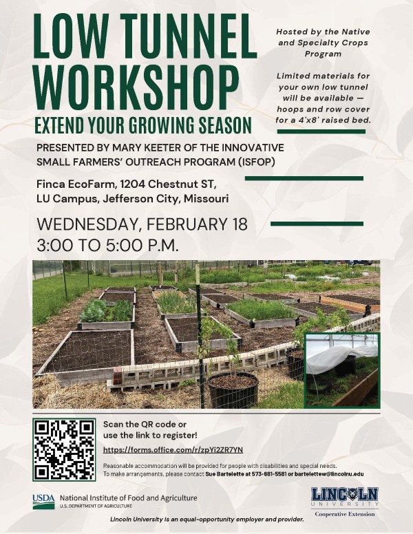 Flyer for Low Tunnel Workshop event on Feb. 18. 2026. Full content below.
