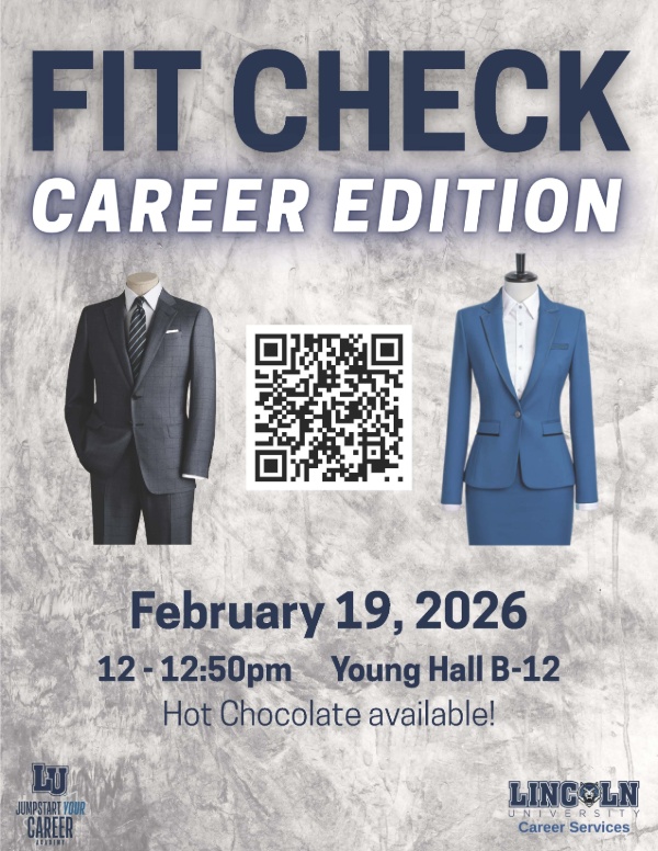 Flyer for Fit Check: Career Edition, Feb. 19, 2026, 12-12:50pm at Young Hall B-12 with hot chocolate available.