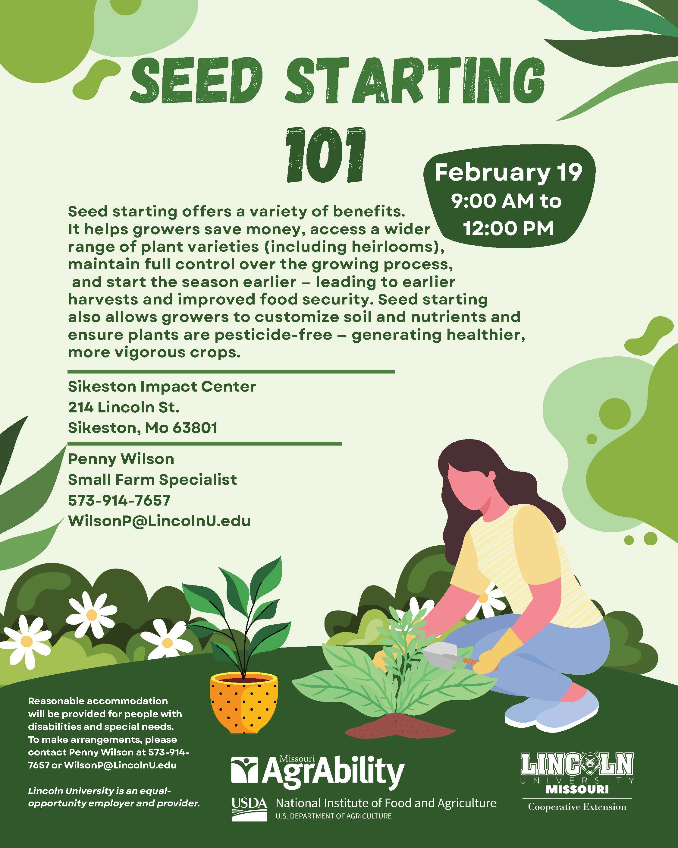 Flyer for Seed Starting 101 event. Full details below.