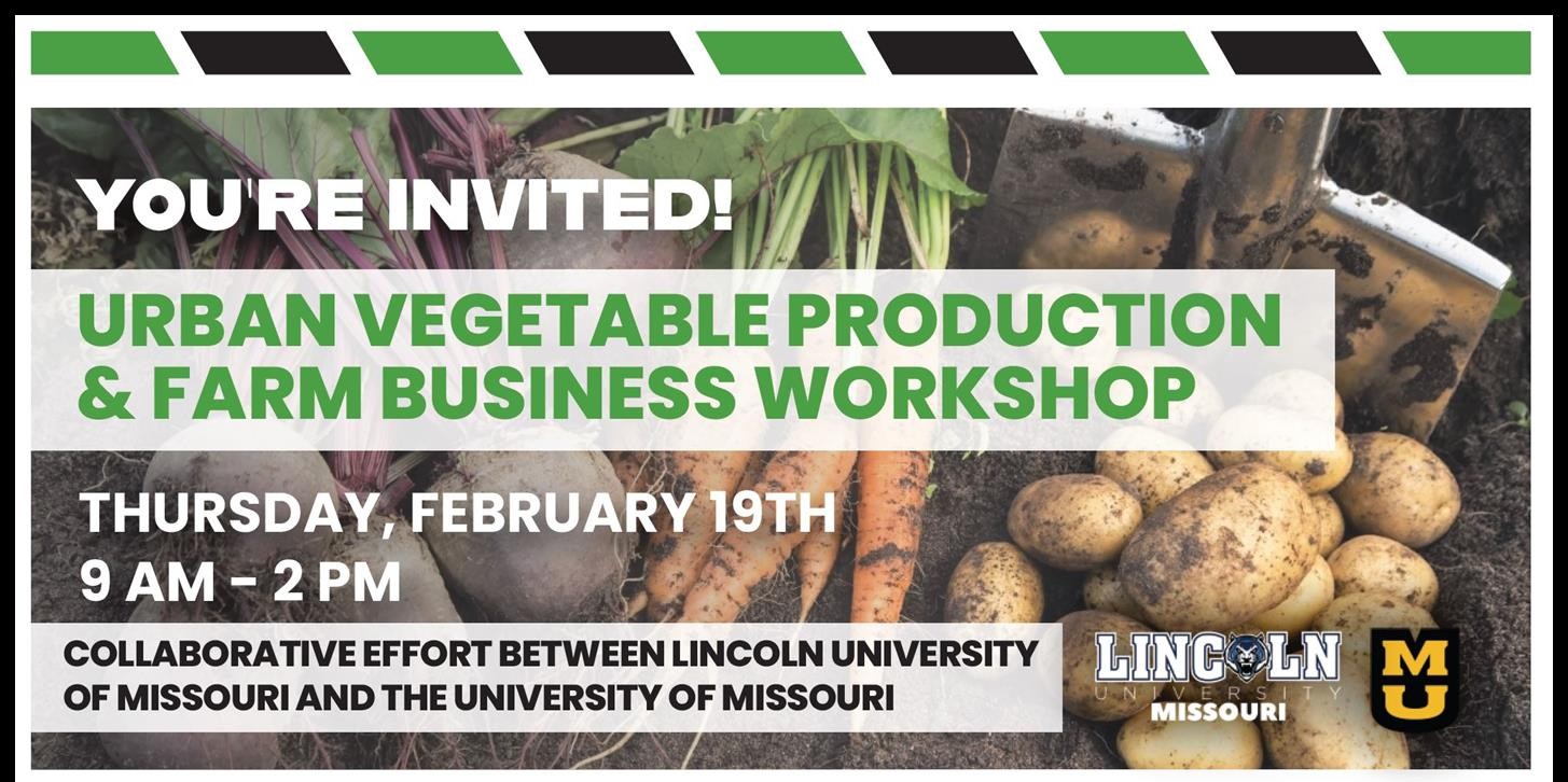 Photo-based flyer with freshly harvested root vegetables and garden tools, promoting an urban farming and business workshop.