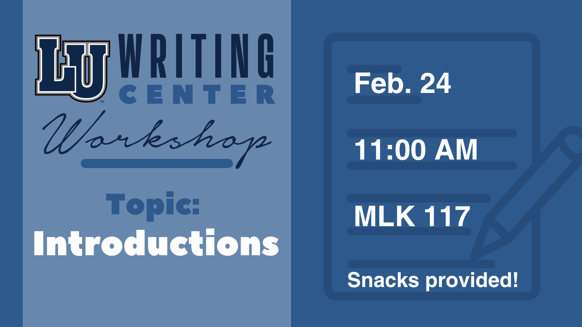 Writing Center Workshop graphic with details & topic in blue tones