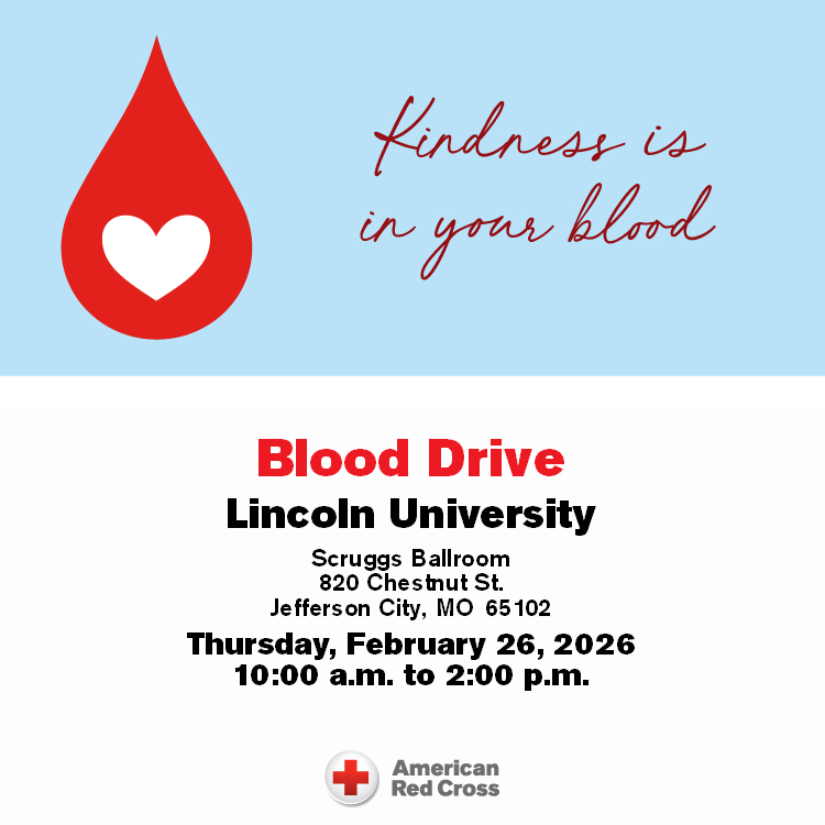"Kindness is in your blood" flyer for Red Cross blood drive at Lincoln University on Feb. 26, 2026 at 10am.