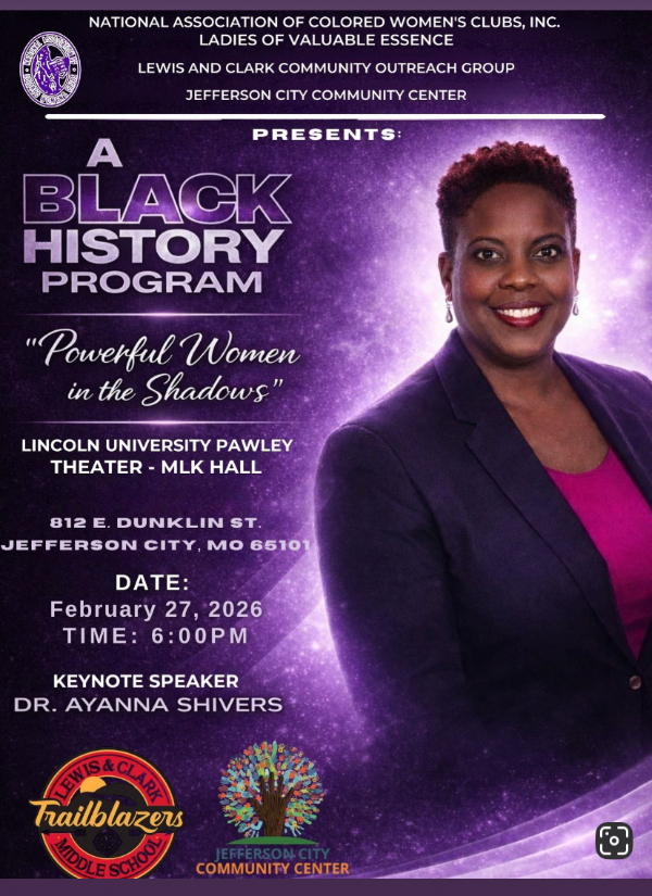 Black History Program flyer featuring Dr. Ayanna Shivers, Feb. 27, 2026, at Lincoln University Pawley Theatre.