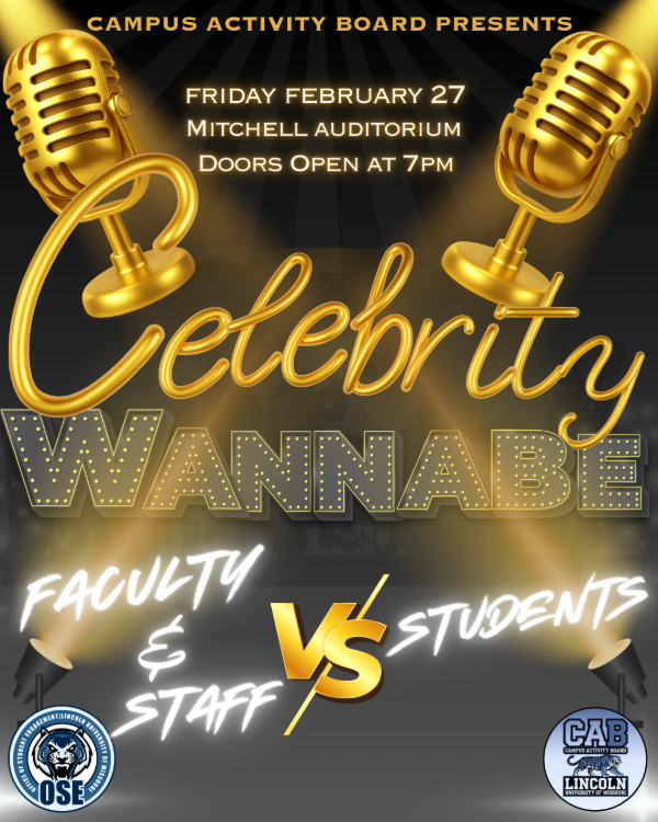 Celebrity Wannabe talent show flyer: Faculty & Staff vs. Students, Friday Feb. 27, Mitchell Auditorium, doors open at 7 PM.