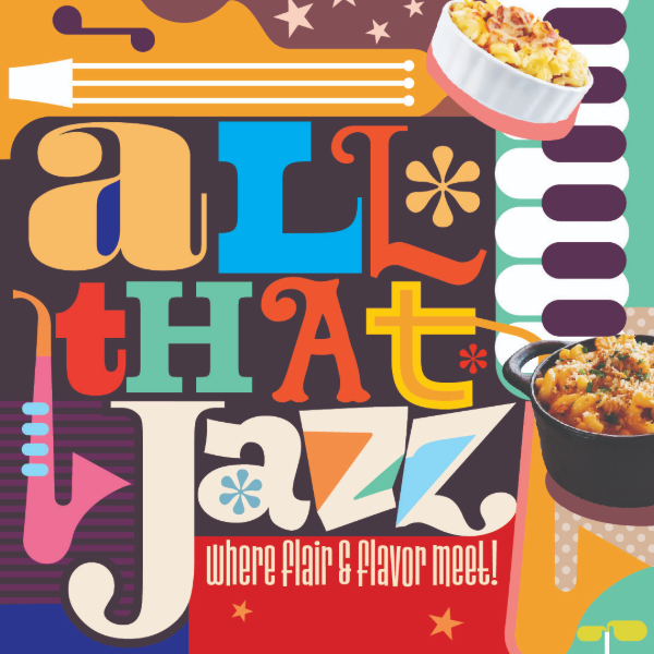 Colorful “All That Jazz” graphic promoting Campus Dining's New Orleans food event.