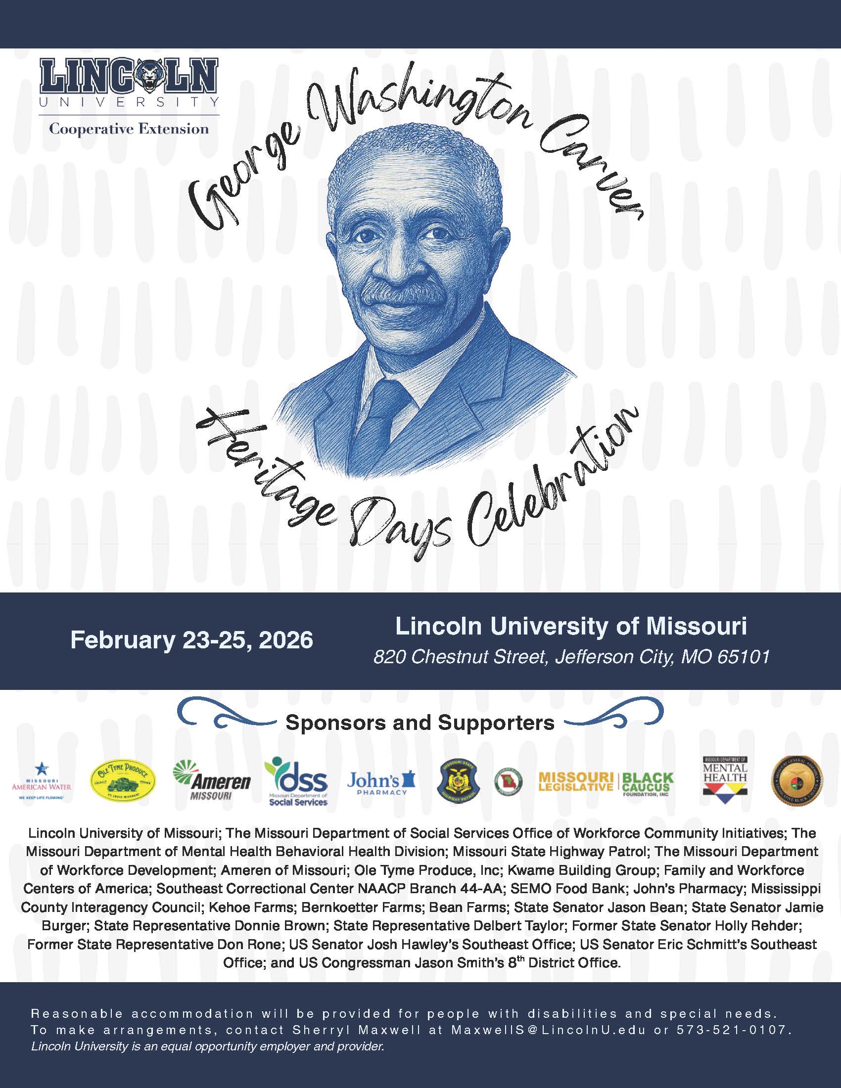 Flyer for LU Cooperative Extension's George Washington Carver Heritage Days Celebration, Feb. 23-25, 2026. All text included below.