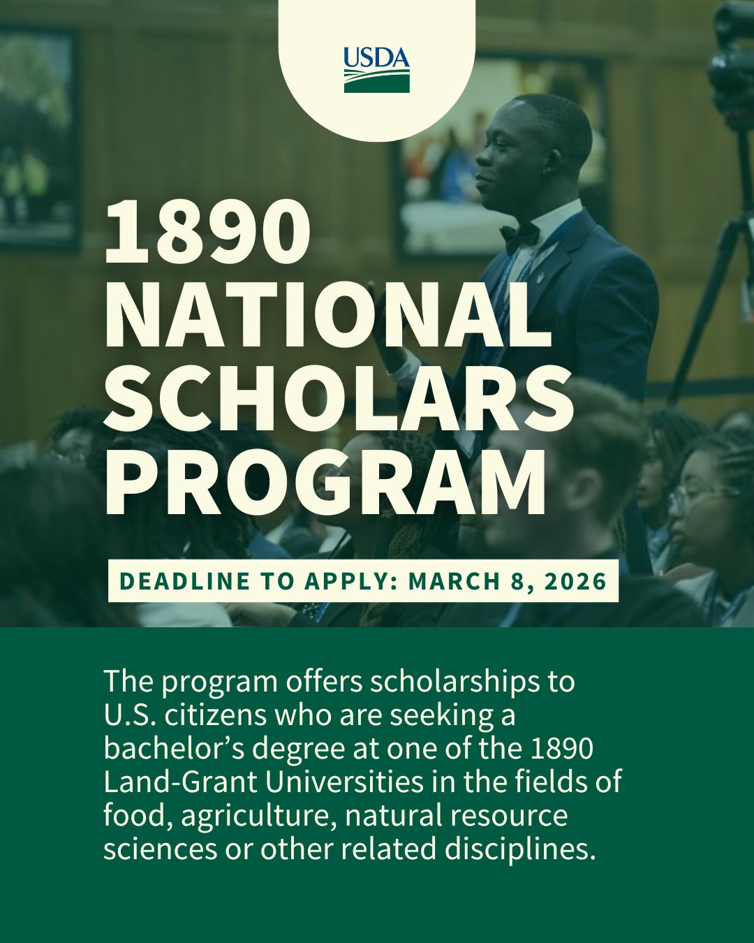 USDA 1890 National Scholars Program graphic with student speaking at podium; application deadline March 8, 2026.
