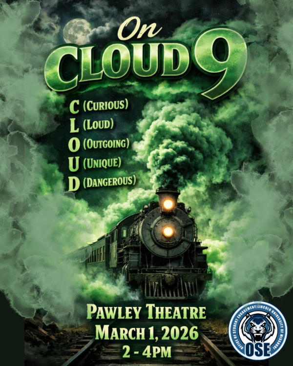 Vintage steam locomotive emerging through swirling green smoke beneath the title “On Cloud 9,” headlight glowing in a moonlit sky. Event details incluced below.