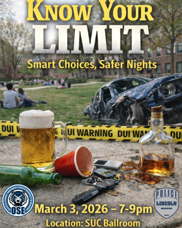 Flyer for "Know Your Limit" event about alcohol safety with images of alcohol, car keys and crashed car.