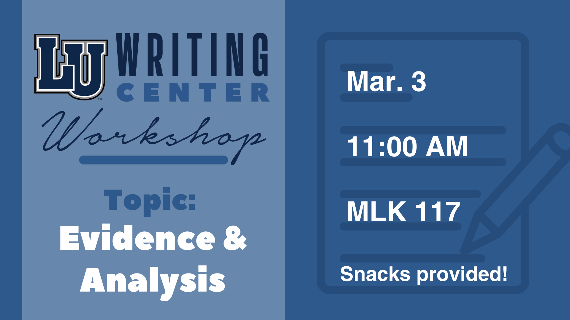 Writing Center Workshop graphic with details & topic in blue tones