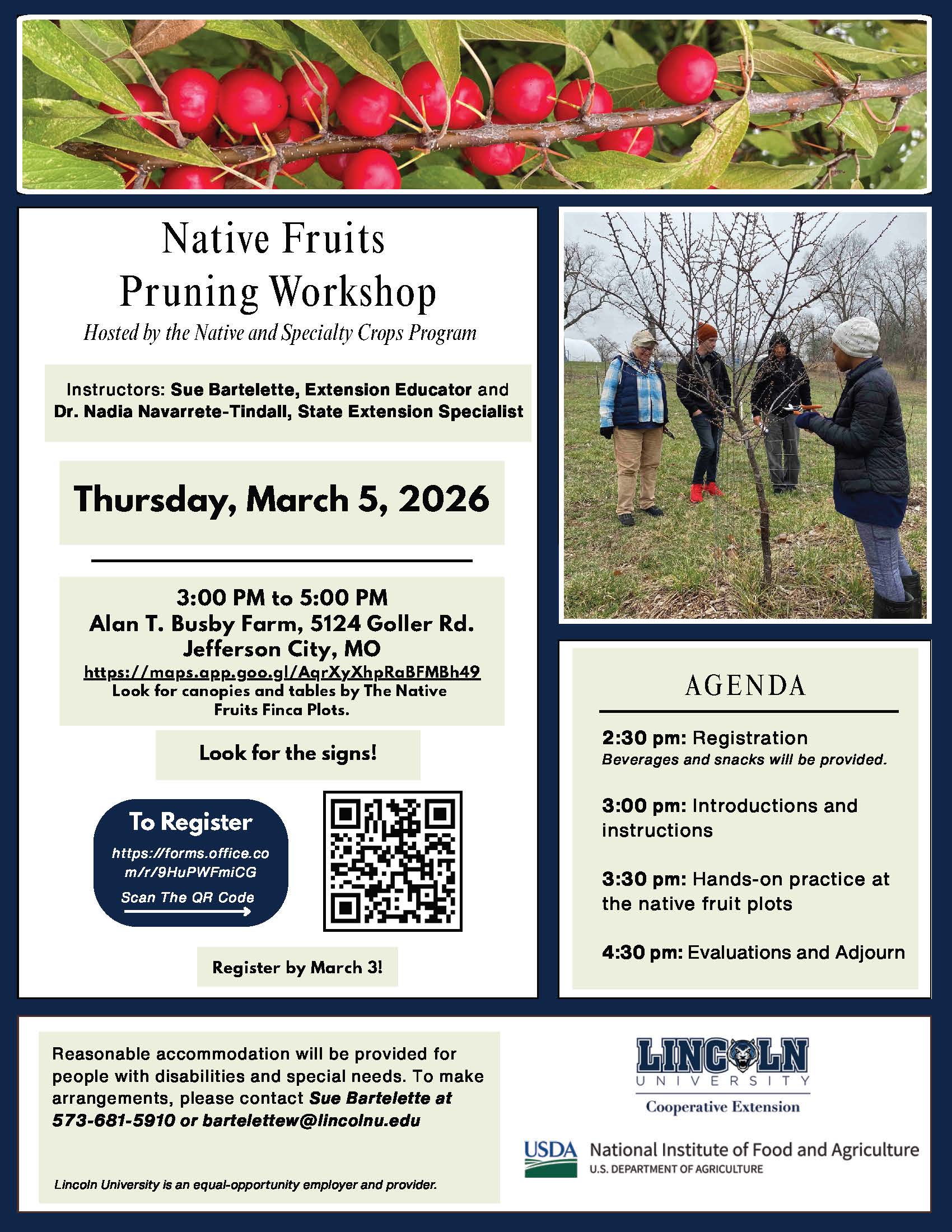 Event flyer for Native Fruits Pruning Workshop on March 5, 2026, with photo of people pruning fruit tree.. Full text and details below.