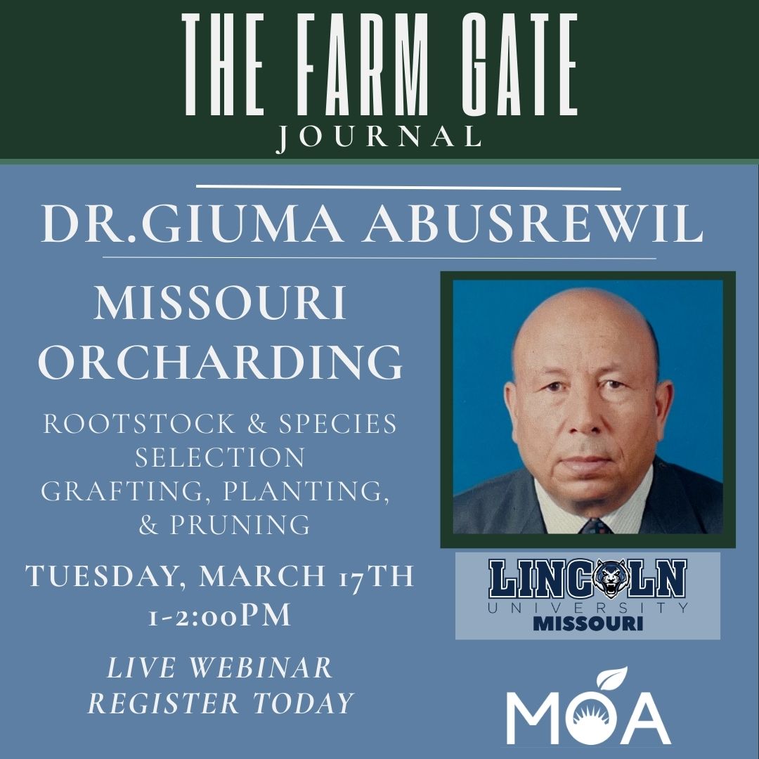Graphic promoting The Farm Gate Journal webinar with Dr. Giuma Abusrewil on Missouri orcharding, March 17, 1–2 PM.