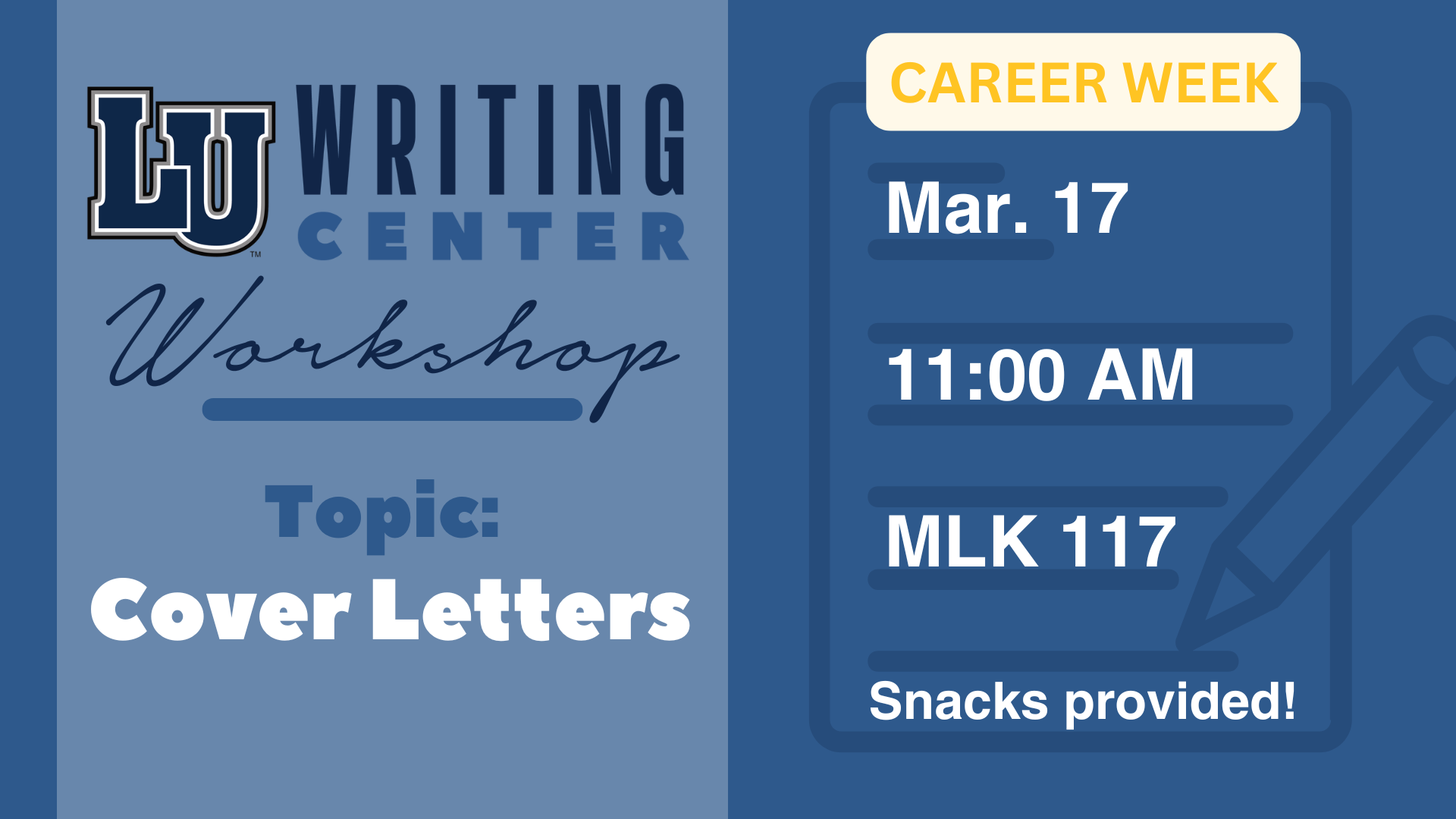 Writing Center Workshop graphic with details & topic in blue tones