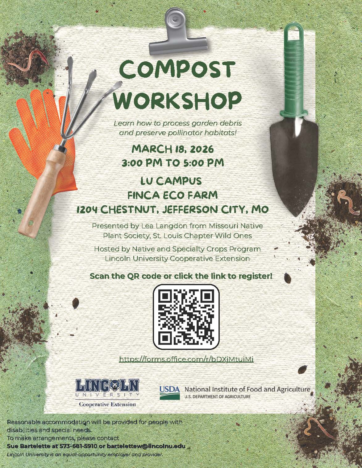 Flyer for Compost Workshop on March 18, 2026, with gardening tools, soil and worms. Full details included in text below.
