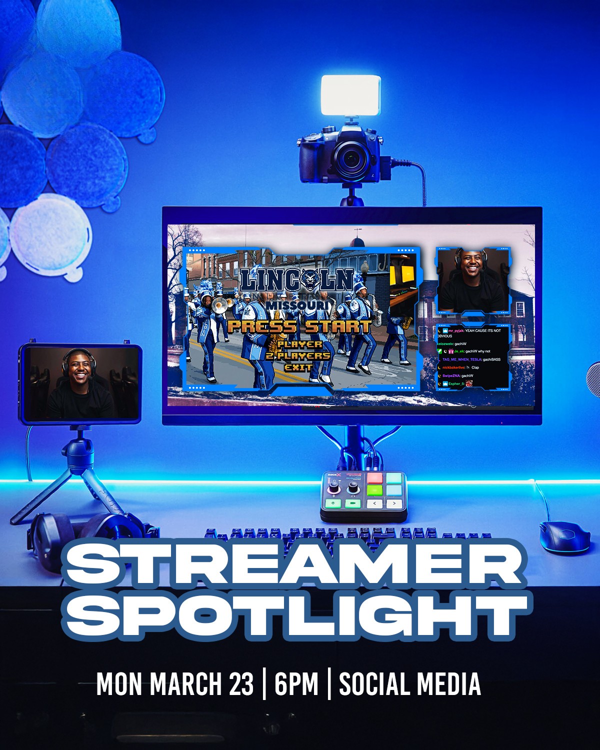 Flyer for “Streamer Spotlight” featuring a gaming livestream setup; Mon March 23, 6 PM on social media.