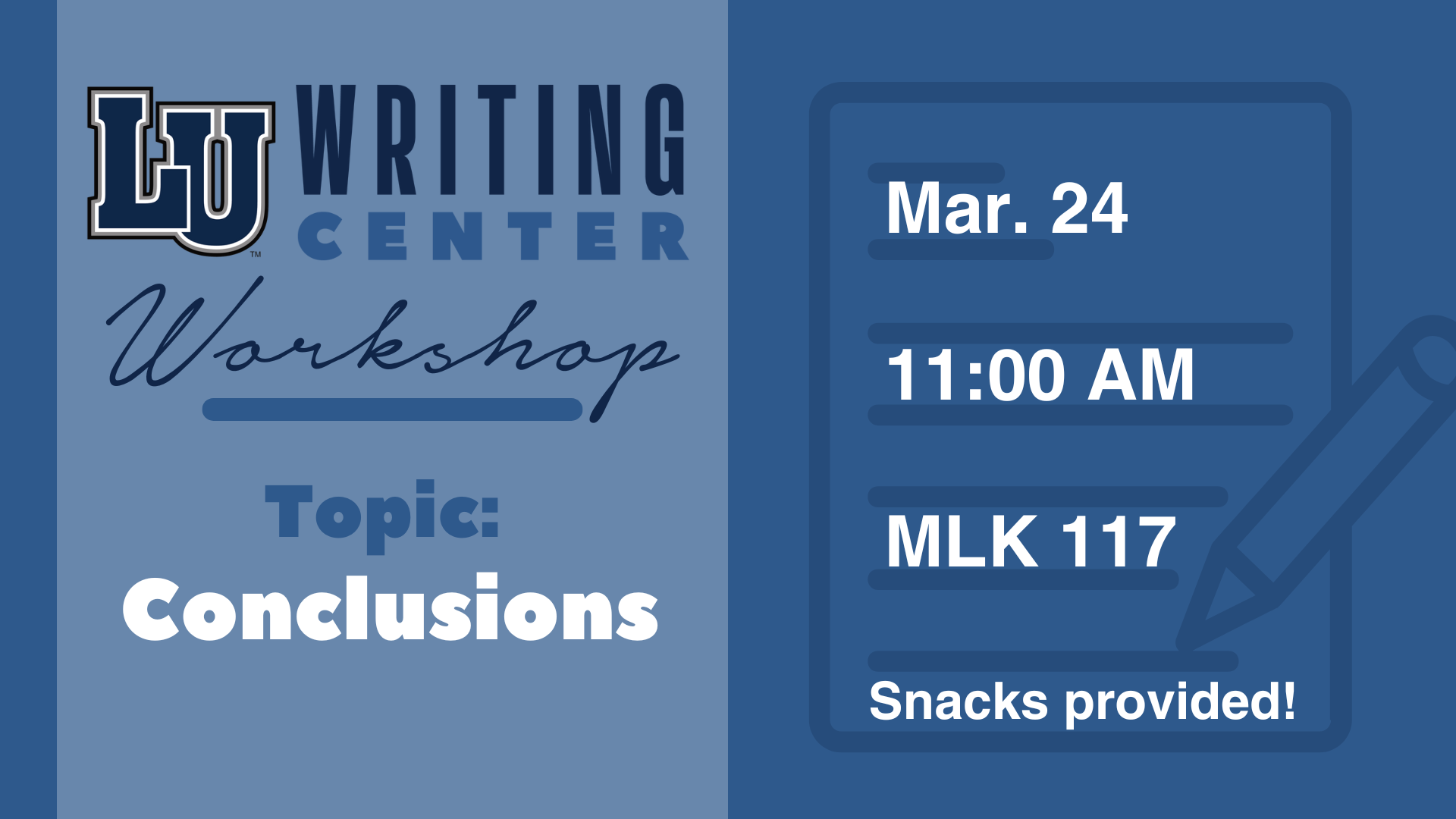 Writing Center Workshop graphic with details & topic in blue tones