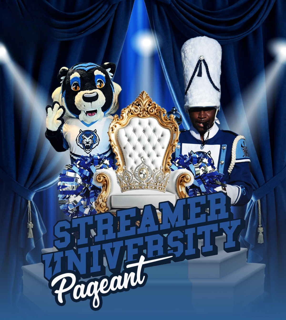 "Streamer University Pageant" graphic with Blue Tiger mascot, royal throne with crown, and drum major on stage with blue drape background.