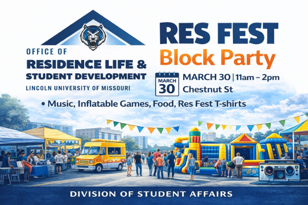 ResFest Block Party flyer with Office of Residence Life & Student Development logo, event activities & details, and illustration of block party