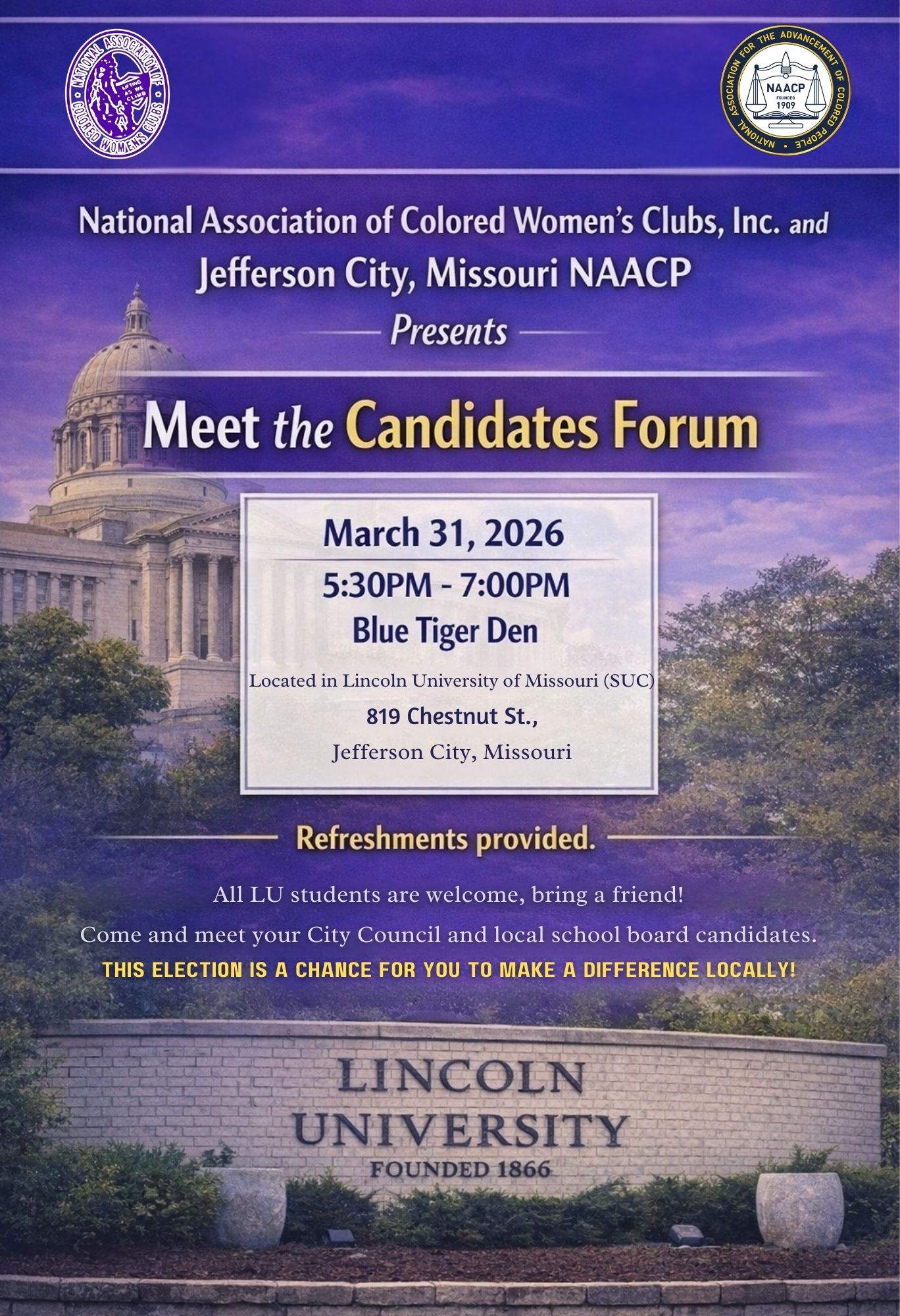 Purple flyer with Missouri Capitol and Lincoln University sign for Meet the Candidates Forum, with NACWC and NAACP logos.