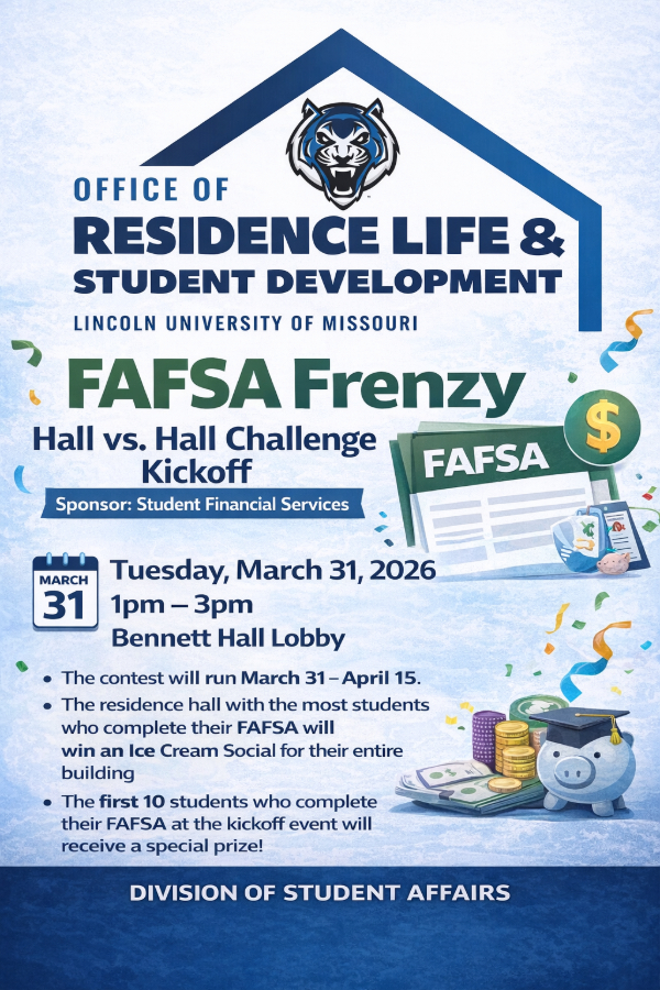 FAFSA Frenzy - Hall vs. Hall Challenge Kickoff flyer with Office of Residence Life & Student Development logo, event details and illustrations.