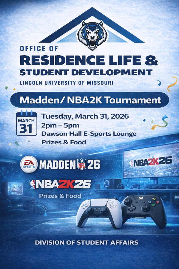 Blue-themed flyer for Residence Life's Madden/NBA2K Tournament with prizes and food.
