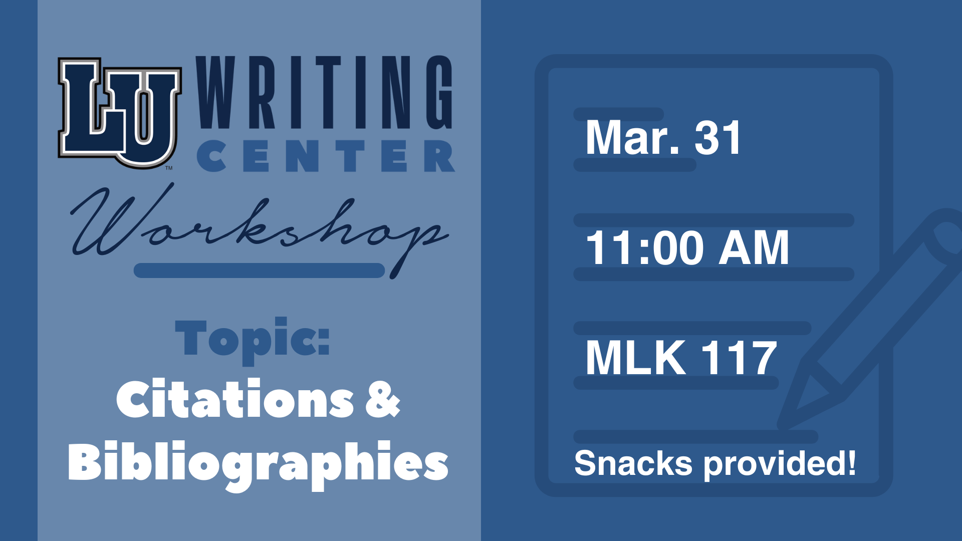 Writing Center Workshop graphic with details & topic in blue tones