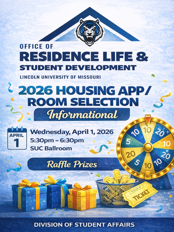 Flyer for Residence Life's Housing & Room Selection Informational on April 1st. With raffle prizes. Presented by Student Affairs.