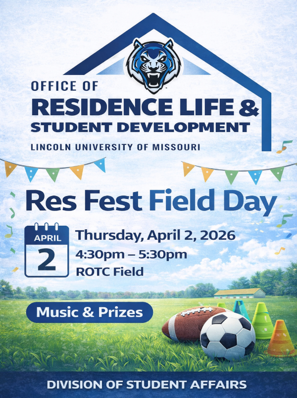 Flyer for Residence Life's ResFest Field Day on April 2 with music & prizes. Illustration of grassy field with football, soccer ball and cones.
