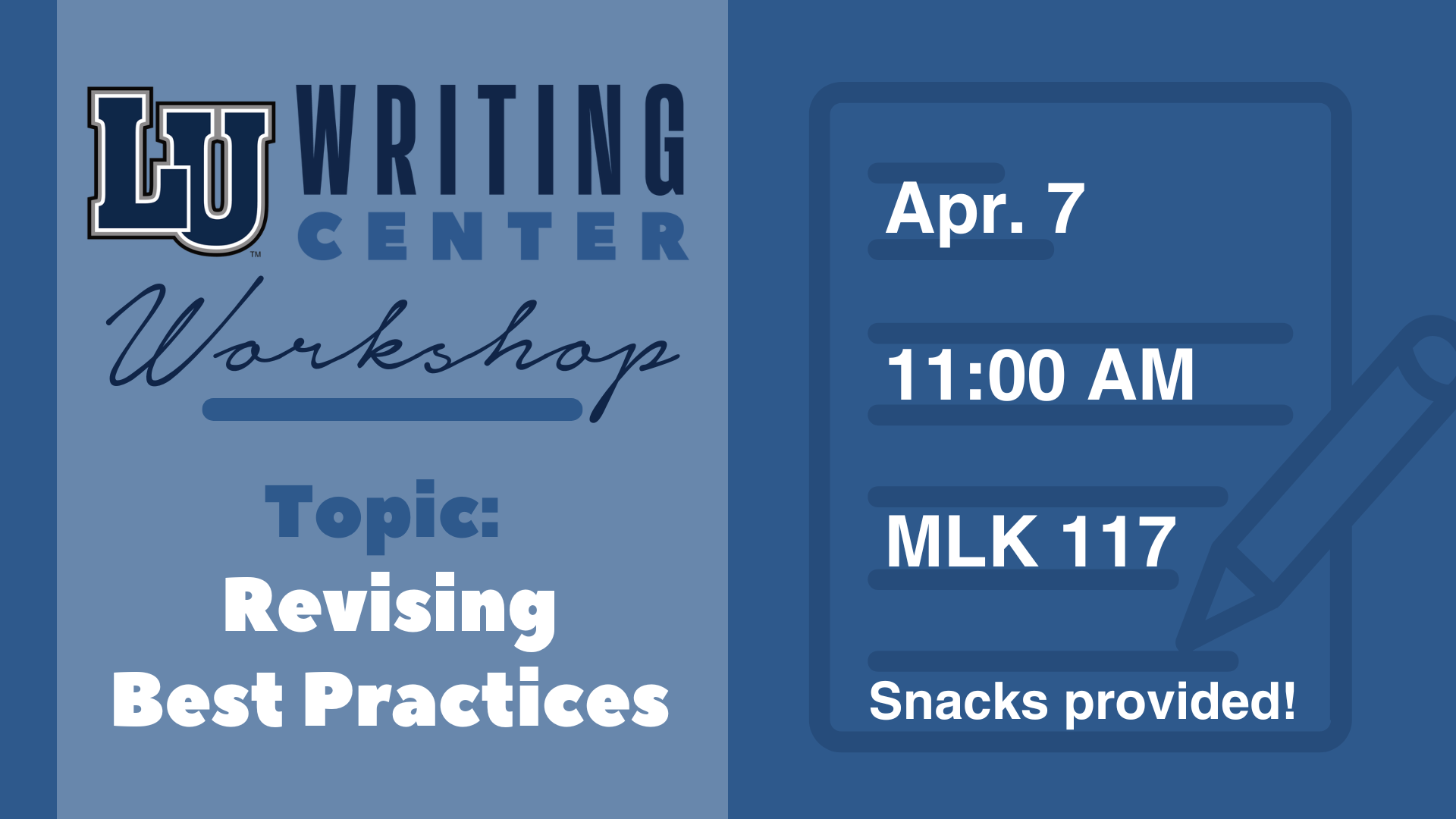 Writing Center Workshop graphic with details & topic in blue tones