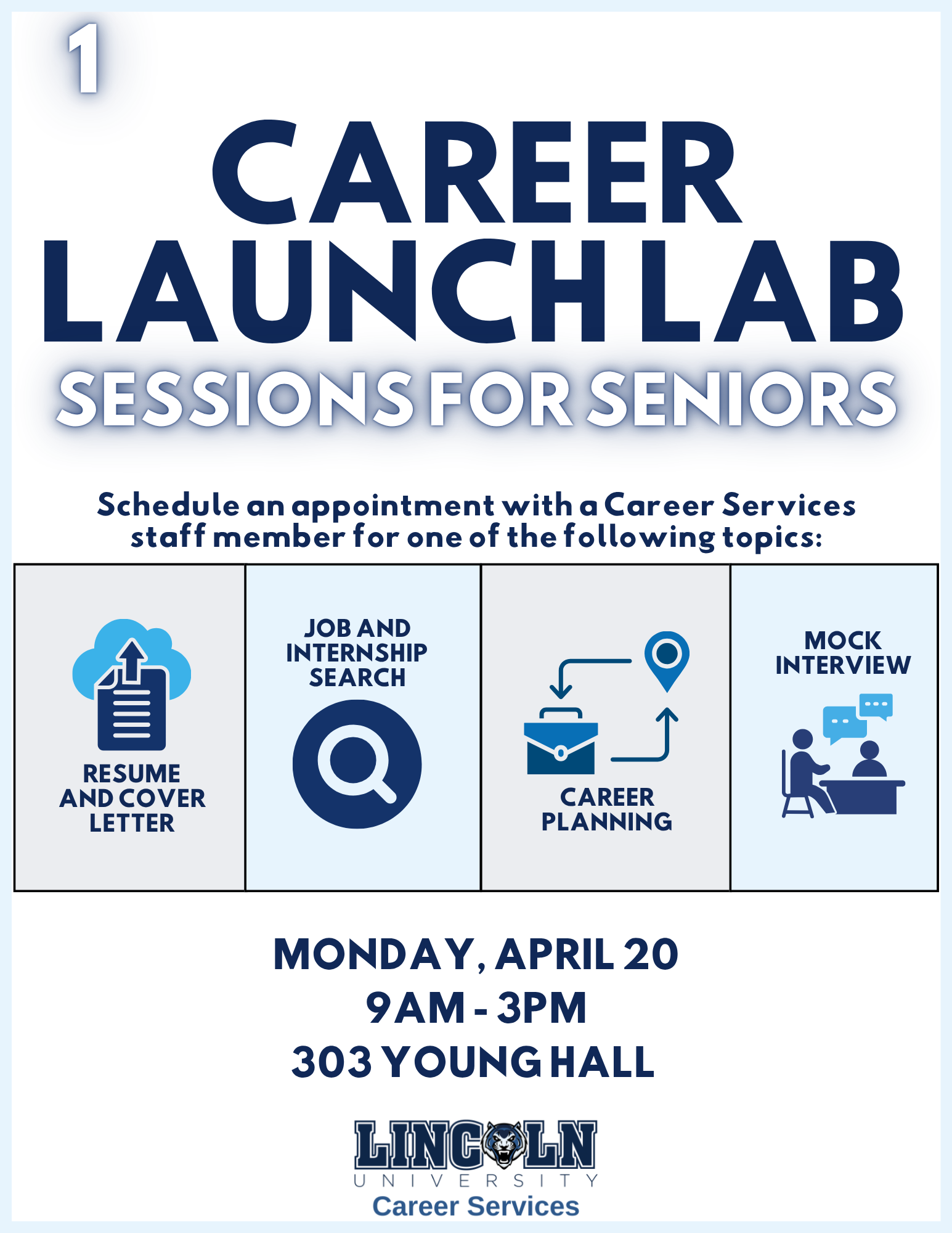 Flyer for "Career Launch Lab Sessions for Seniors" on April 20. Full details below.