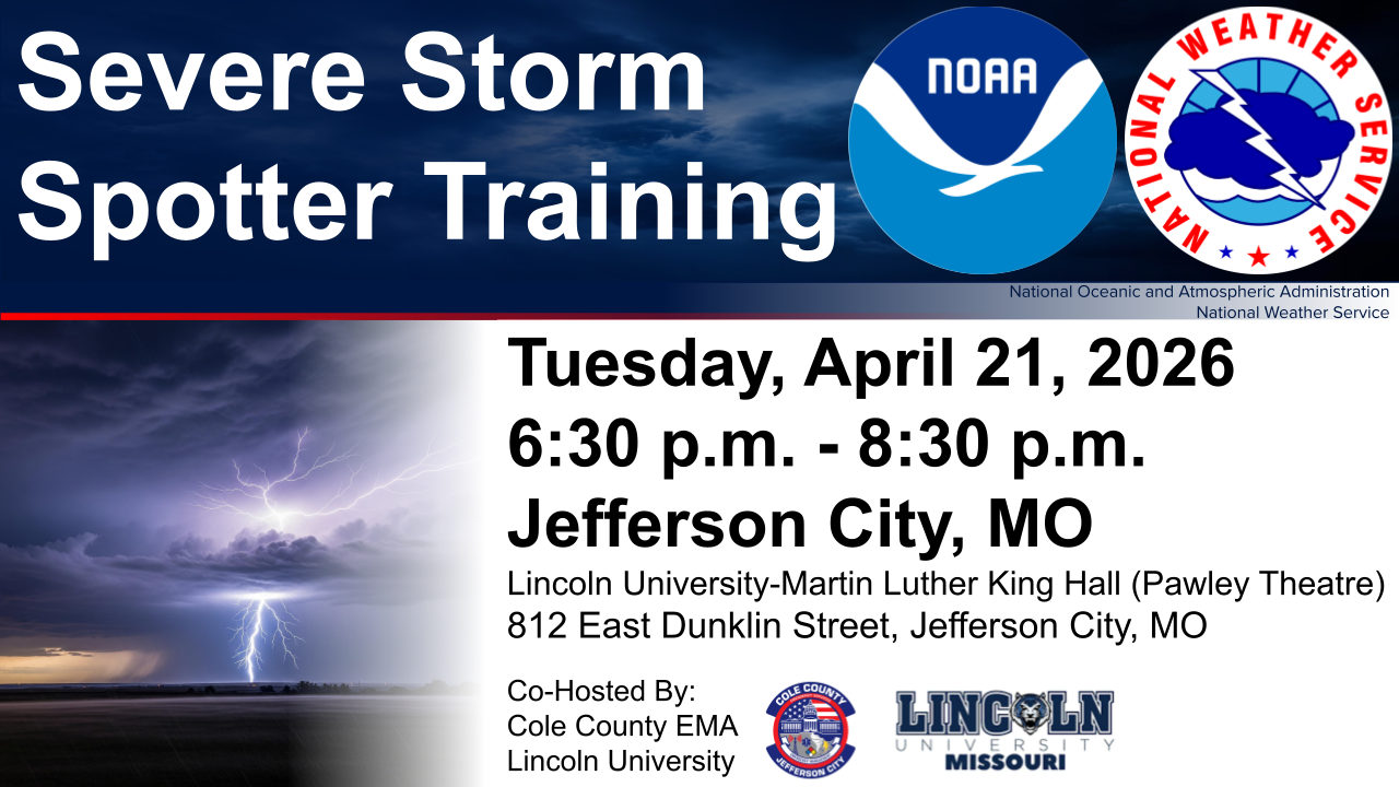 Severe Storm Spotter Training event graphic with NOAA and National Weather Service graphics and event details.