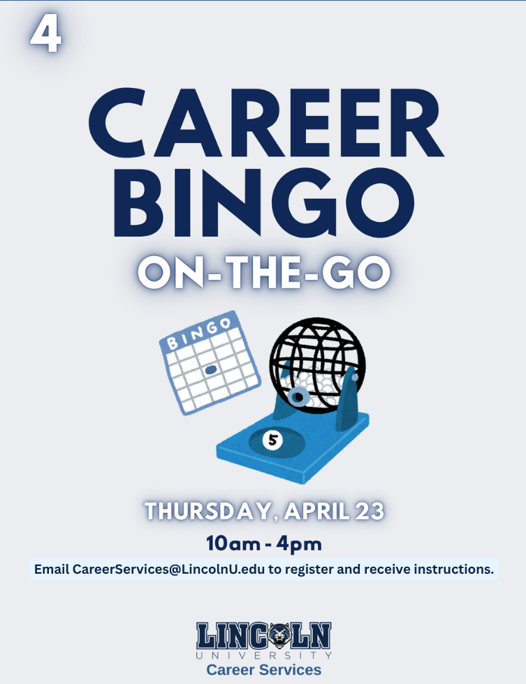 Flyer for "Career Bingo On-the-Go" day on April 23, 10am-4pm. Contact Career Services to register to play.