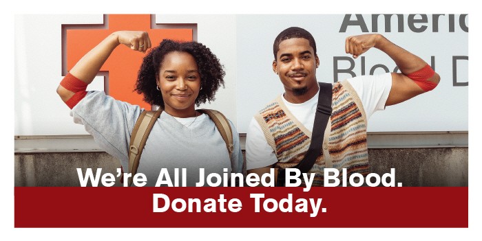 Two people flexing arms with bandages, smiling; text reads “We’re All Joined By Blood. Donate Today.”