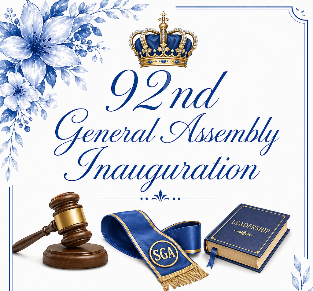 Graphic reading “92nd General Assembly Inauguration” with crown, gavel, SGA sash, and leadership book in blue theme.