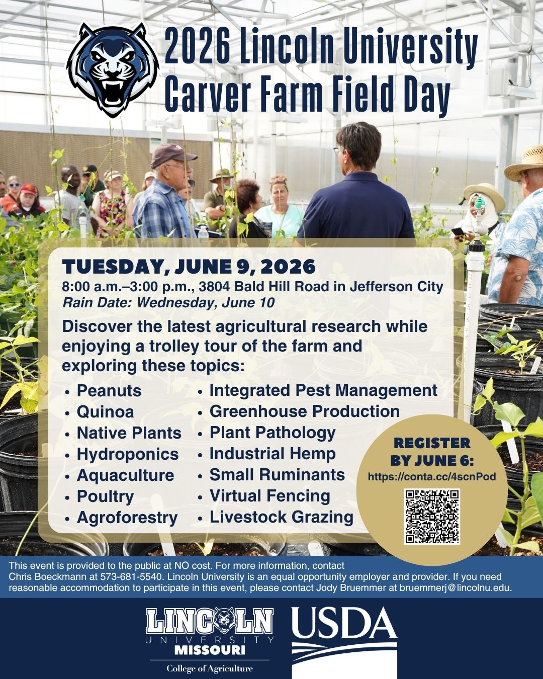 Event flyer for 2026 Lincoln University Carver Farm Field Day on June 9, 2026. All text and details included below.