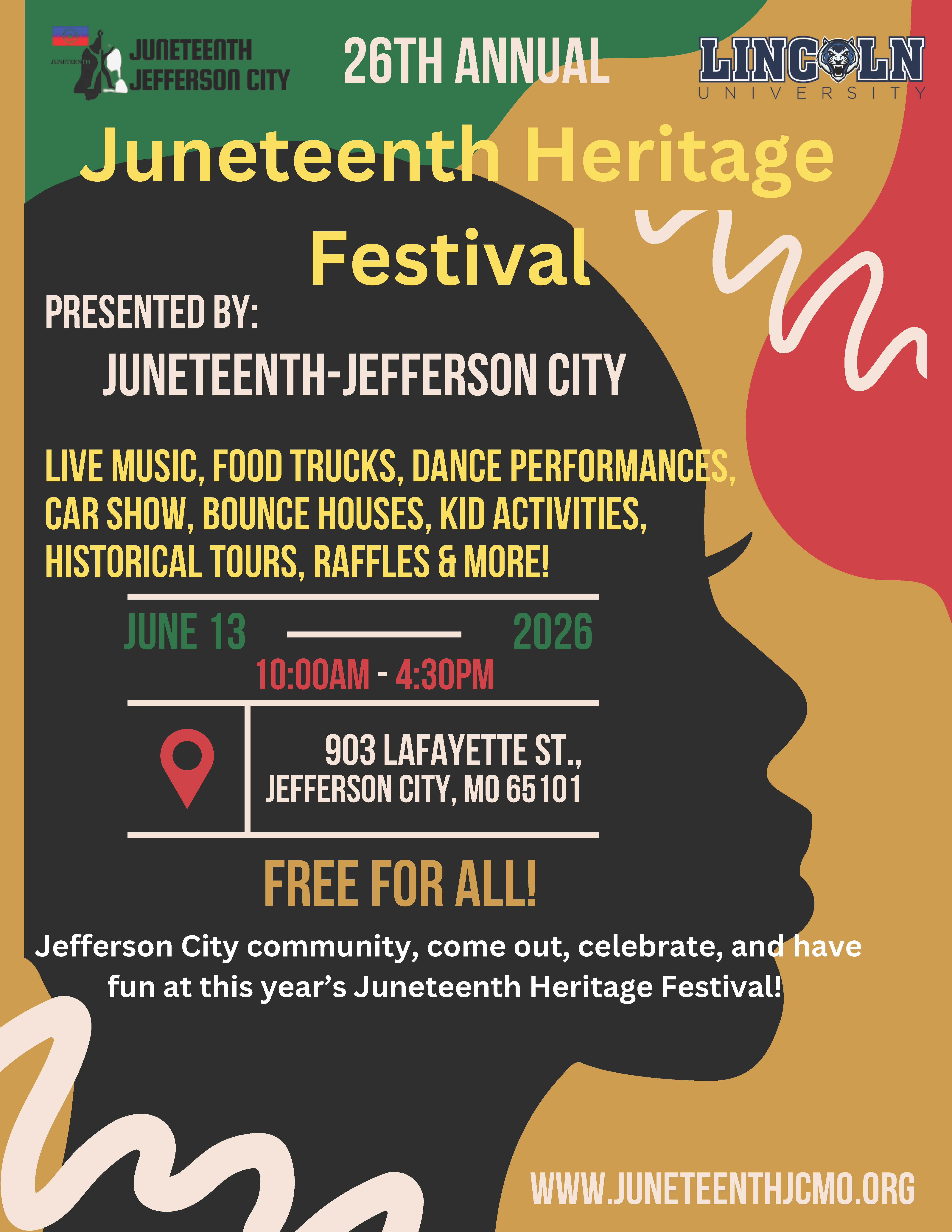 Event flyer for 26th Annual Juneteenth Heritage Festival, sponsored by Juneteenth Jefferson City and Lincoln University. Full details included below.