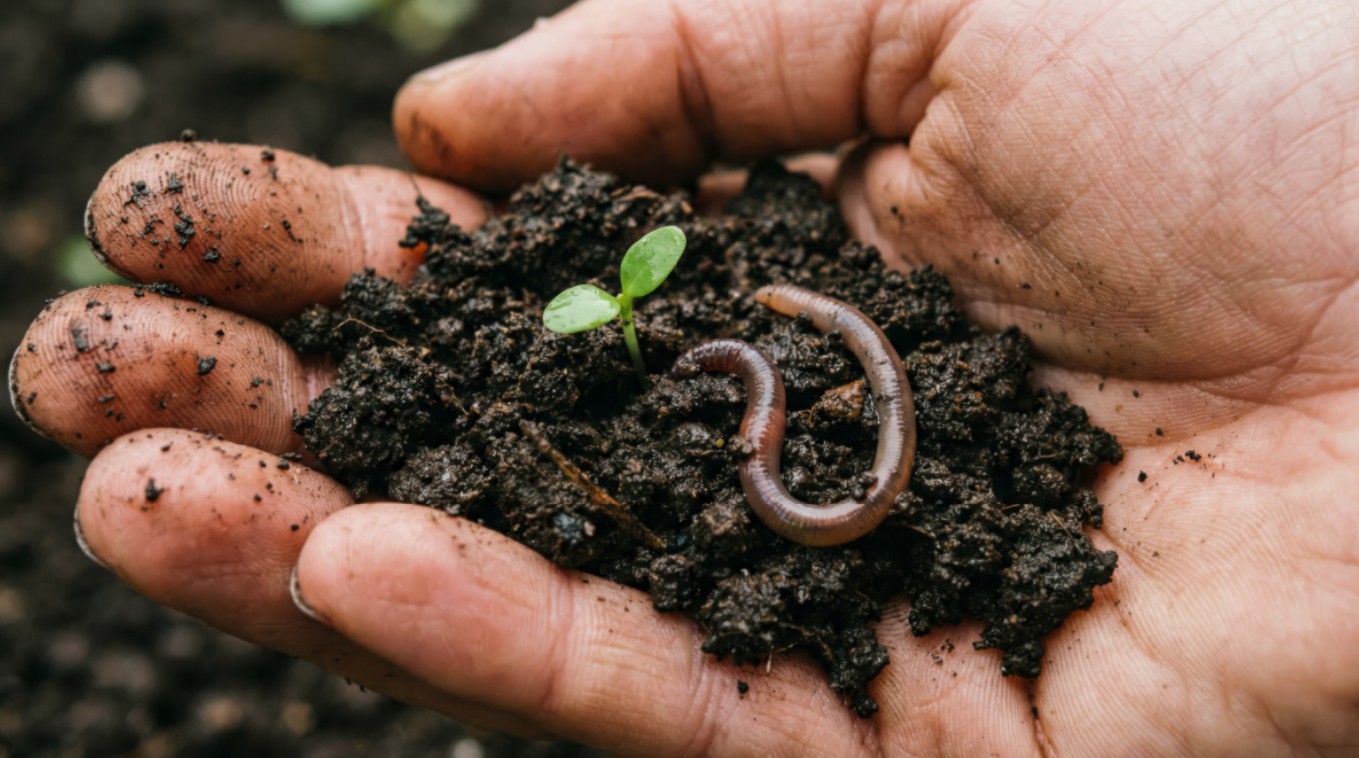 Hand holding rich soil with an earthworm and sprouting seedling, symbolizing healthy compost and growth.