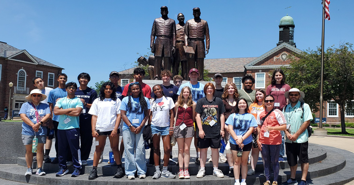 NASA STEAM Summer Camp students and their counselors stand in the Soldiers’ Memorial Plaza on Lincoln University campus at the 2025 camp.