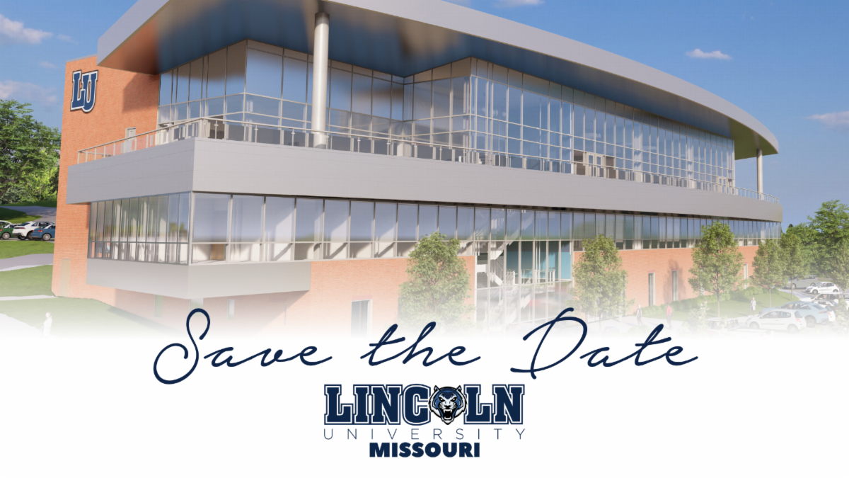 Architectural rendering of new HSSI building with "Save the Date" and Lincoln University of Missouri logo