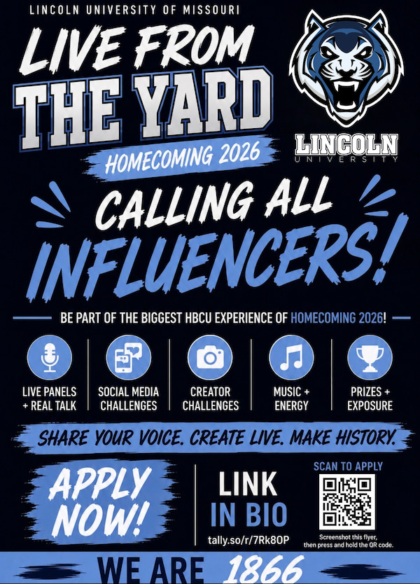 **Alt text:** Live From the Yard Homecoming 2026 flyer calling Lincoln University influencers to apply for live challenges and prizes.