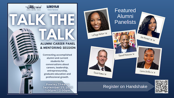 Talk the Talk alumni career panel and mentoring session, Sept. 23, 1–2 p.m. at Pawley Theatre.