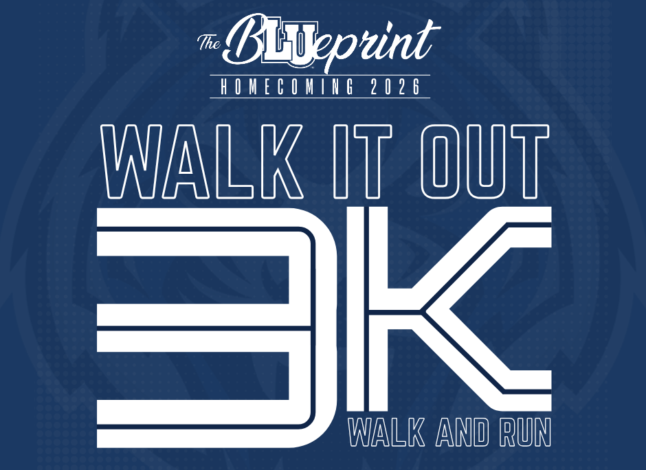 Alt text: **Blue Tiger Homecoming 2026 “Walk It Out” 3K Walk and Run promotional graphic.**