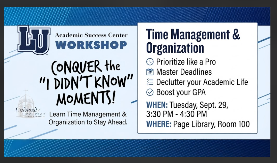 LU Academic Success Center Workshop header with Blue Tiger logo and details included below.